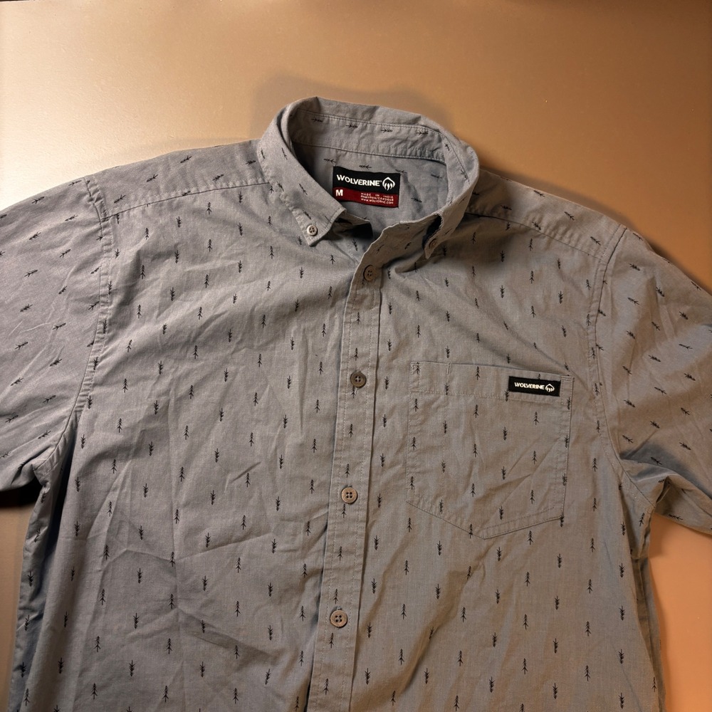 WOLVERINE‎ Mens Gray Tree Print Short Sleeve Button Down Shirt Size M